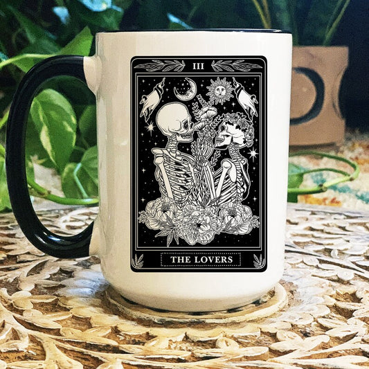 Tarot Card Mug, Occult tarot mug, The Lovers Tarot mug, witchy skeleton tarot mug, witchy tarot card mug, skeleton lovers mug, valentine mug