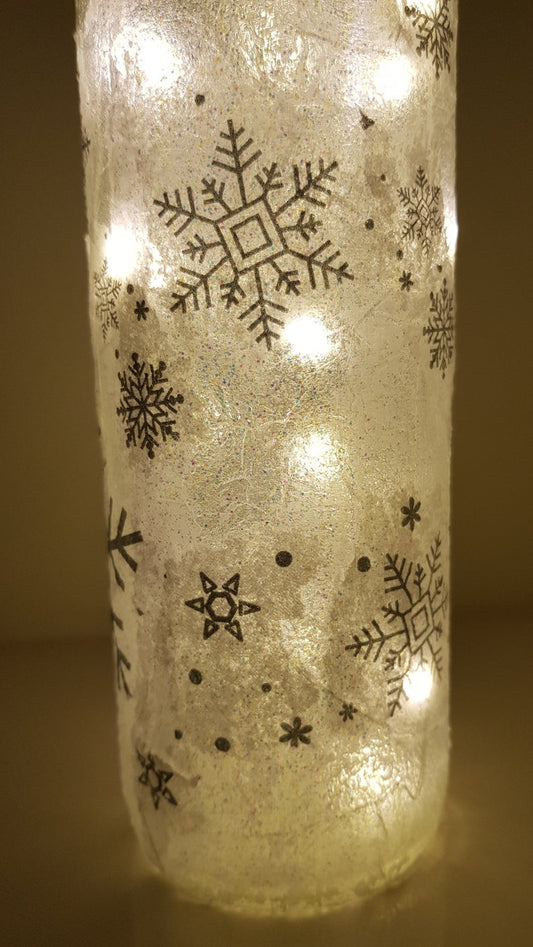 Snowflake Bottle Lamp | Winter themed light | Decoupage Christmas Table Decor