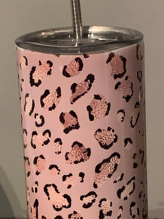 Pink And Gold Leopard Print 20oz Tumbler, Hot or Cold Liquids, Stainless Steel Cup, Travel Cup, Personalization Available, Pink Animal