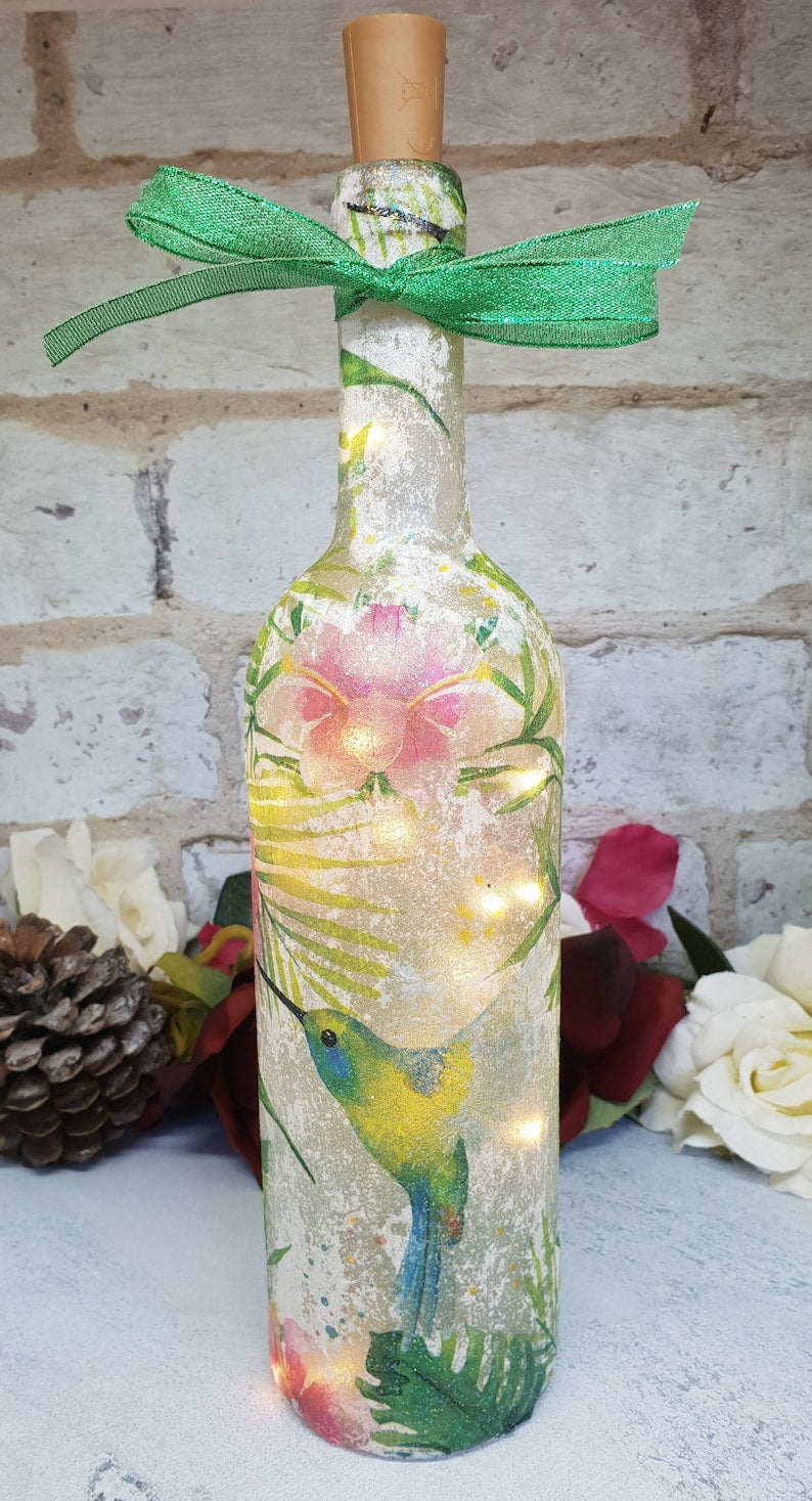 Hummingbird Bottle Lamp | Handmade LED Glass Bottle Light | Bird Lover Gift | Nature Home Decor