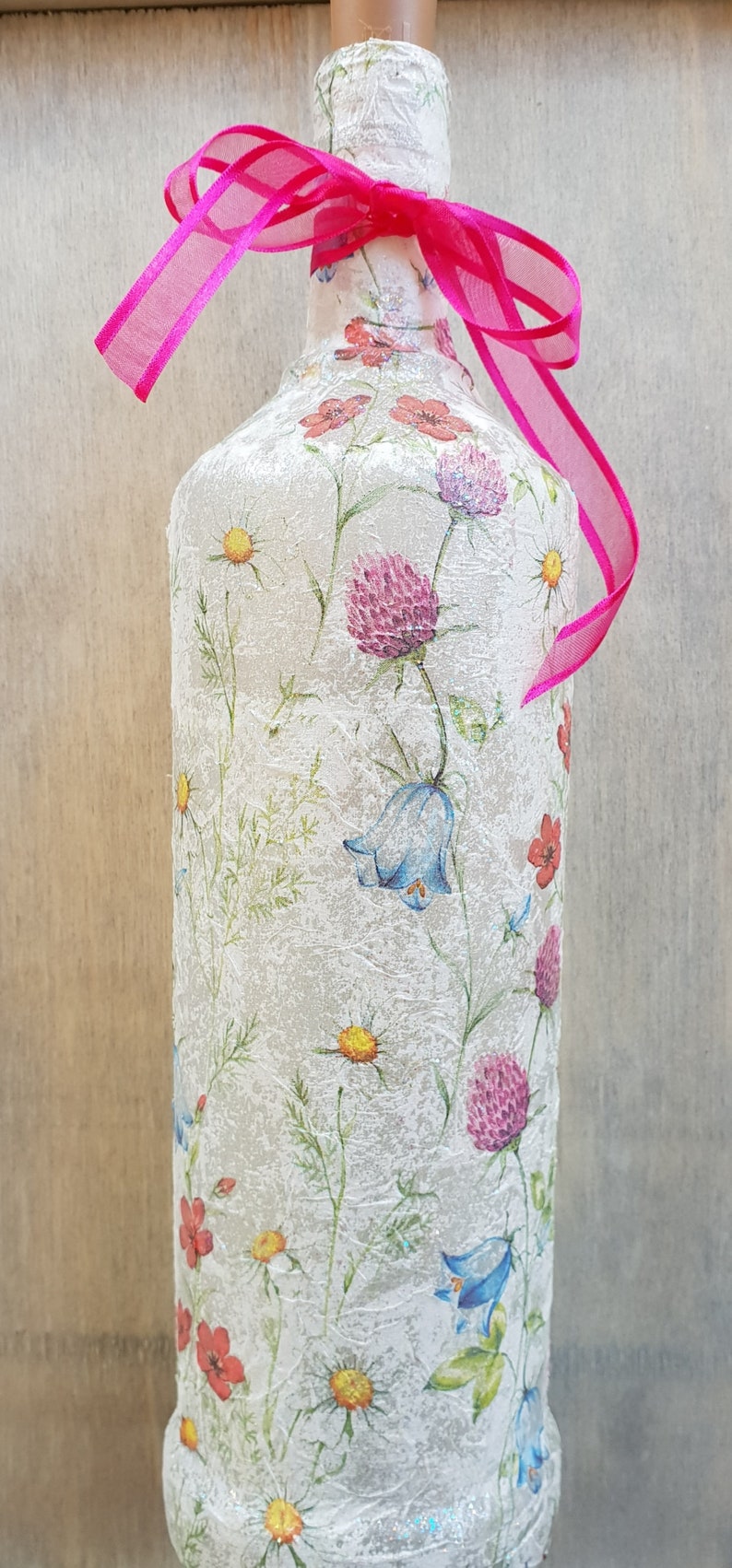 Meadow Flower Bottle Lamp | Floral lighting | Decoupage Glass Decor