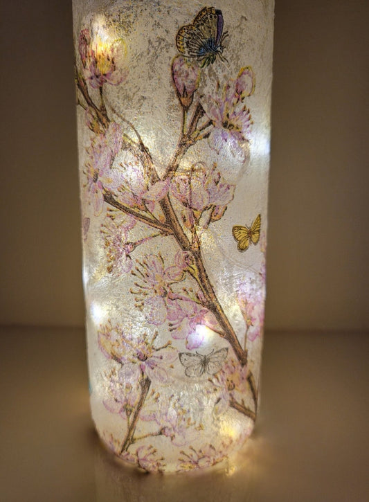 Cherry Blossom Bottle Lamp LED | Butterfly Decor | Handmade Floral Gift | Cottagecore