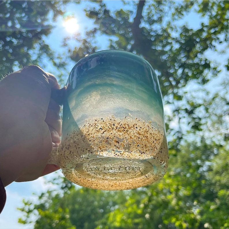 Beach Glass Coffee Mug with Real Sand | Coastal Iced Coffee Cup | Ocean Lover Gift | Beach House Decor | Functional Art