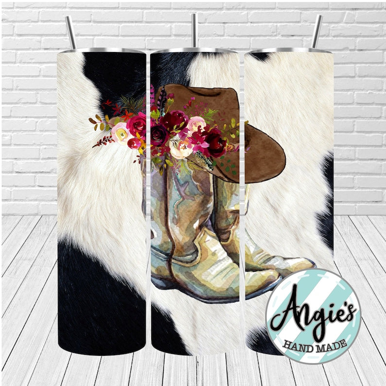Country Cowgirl 20oz Tumbler, Boho Country, Farm Girl Cup, Cow Hide and Boots, Cowgirl Hat and Flowers, Stainless Steel Cup, Travel Cup,