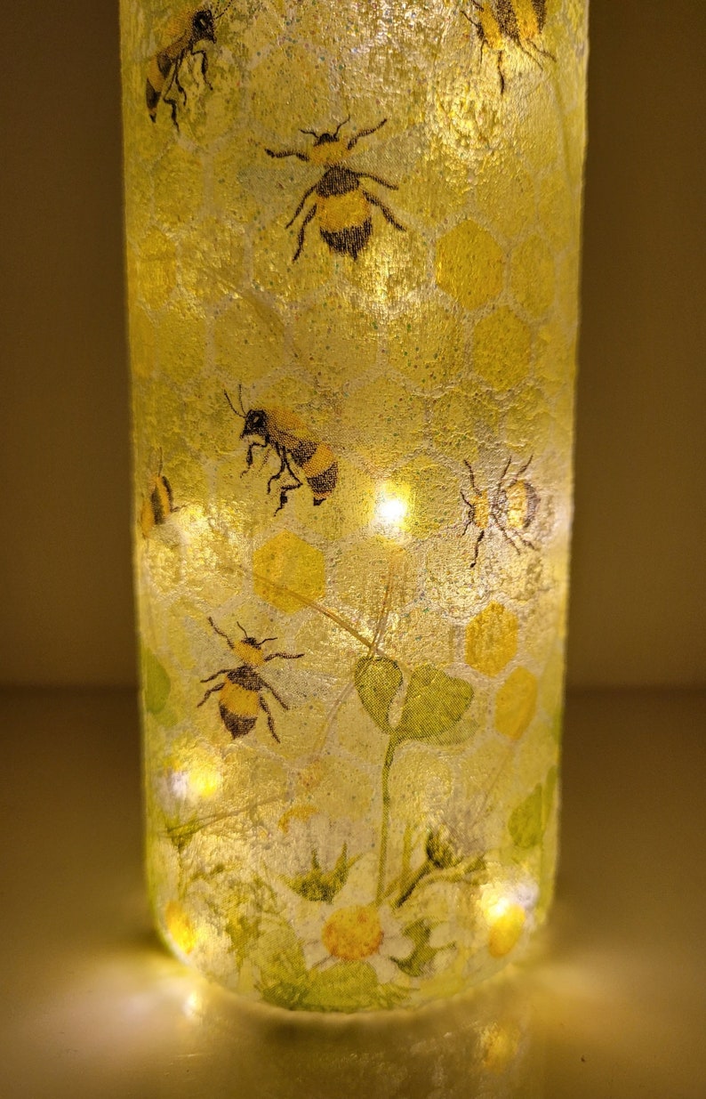 Bumble Bee Bottle Lamp | Decoupage LED Light | Insect themed Gift