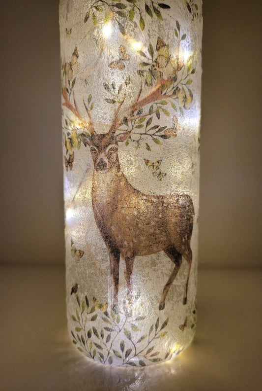 Woodland Stag Bottle Lamp LED | Decoupage Rustic Decor | Handmade Glass Gift | Wildlife Light