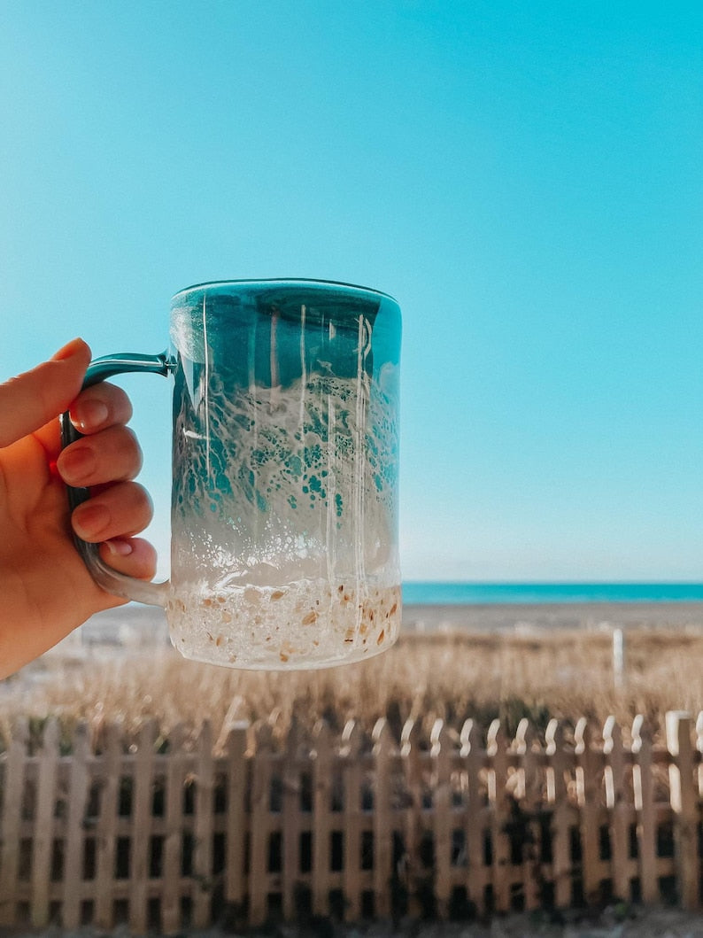 Beach Glass Coffee Mug with Real Sand | Coastal Iced Coffee Cup | Ocean Lover Gift | Beach House Decor | Functional Art