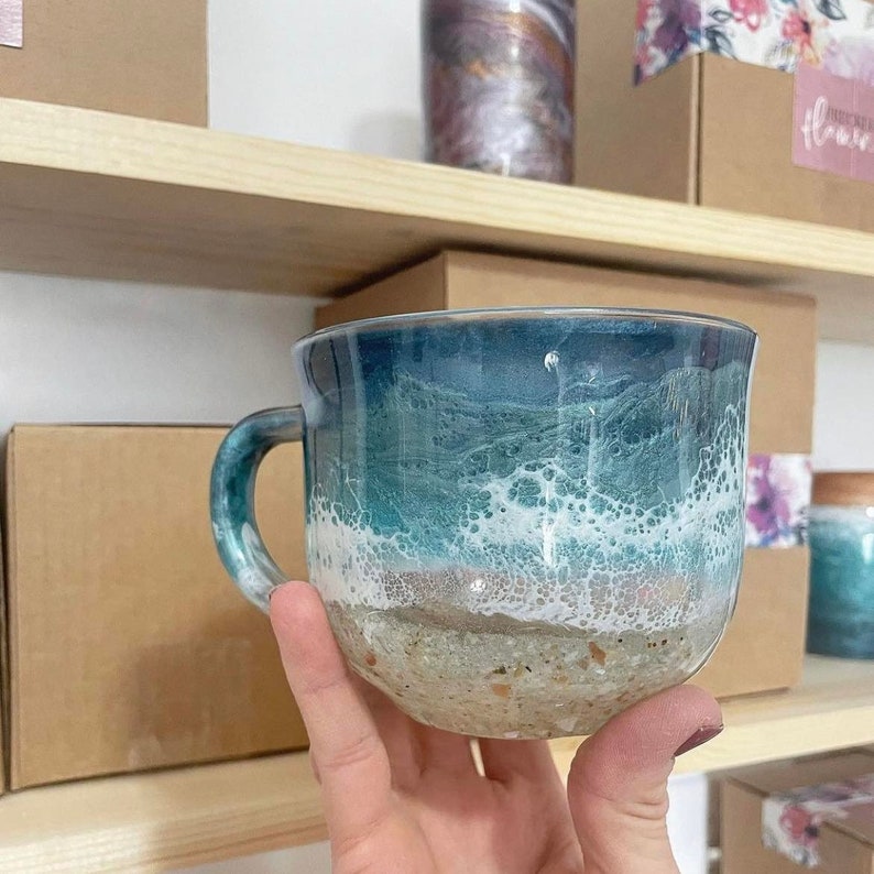 Beach Glass Coffee Mug with Real Sand | Coastal Iced Coffee Cup | Ocean Lover Gift | Beach House Decor | Functional Art