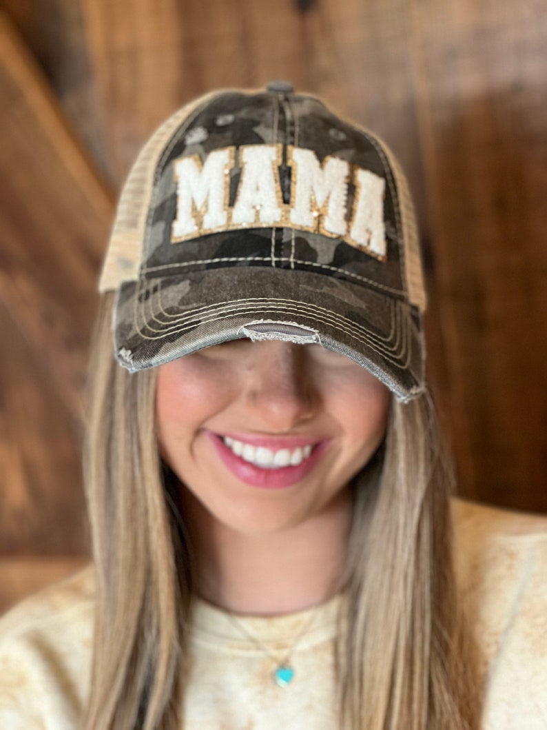 Mama Chenille Patch Camo Hat - Distressed Camouflage Cap