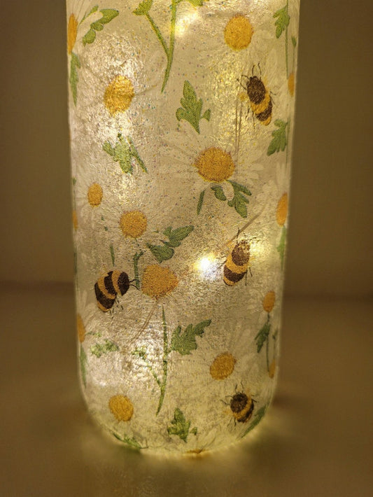 Bumble Bee & Daisy Bottle Lamp | Decoupage Wildflower and Bee Light | Nature Inspired Decor