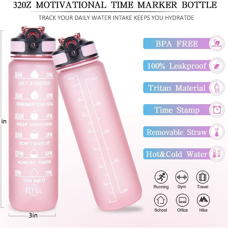 Motivational 1L Water Bottle with Time Marker & Straw
