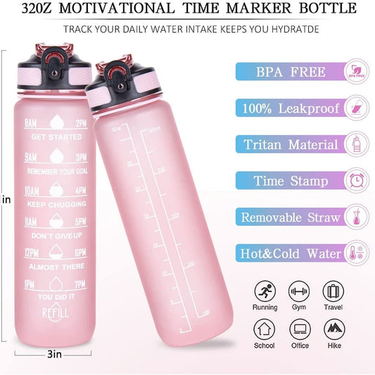 Motivational 1L Water Bottle with Time Marker & Straw
