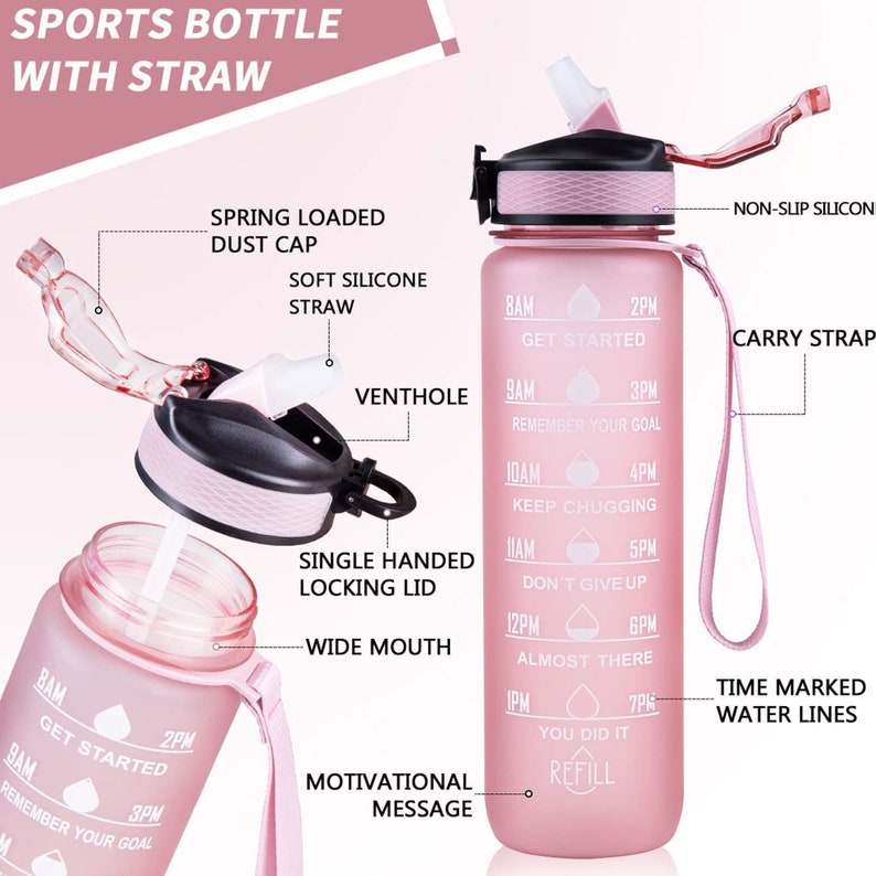 Motivational 1L Water Bottle with Time Marker & Straw