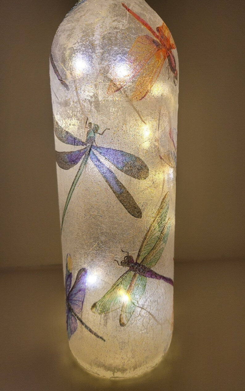 Dragonfly Bottle Lamp | Wildlife lover gift | Rustic Home Lighting | Decoupage Light