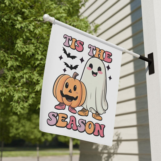 Tis The Season Halloween Garden Flag | Cute Ghost Pumpkin Yard Banner | Fall Porch Outdoor Decor | Spooky Season House Flag
