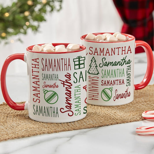 Personalized Holiday Name Coffee Mug – Custom Repeating Name Christmas Cup