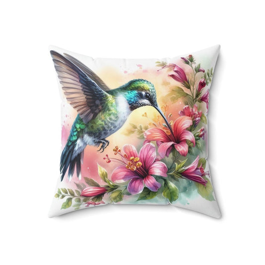 Square Hummingbird Wildflowers Throw Pillow, Floral Accent Pillow, Cottagecore Home Decor, Garden Flowers Posies, Hummingbird Throw Pillow