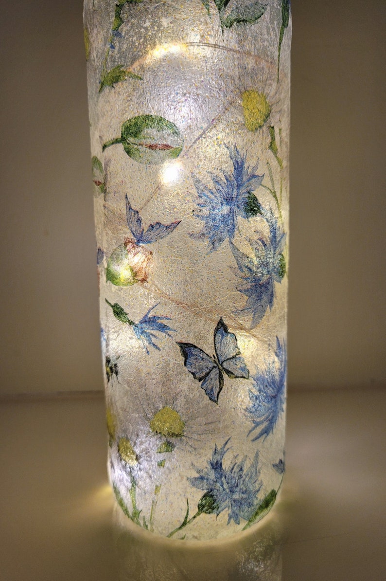 Blue Flower & Butterfly Bottle Lamp | Decoupage Rustic Light | LED Floral home decor