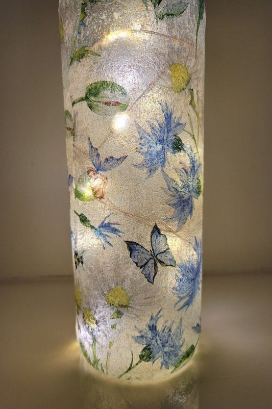 Blue Flower & Butterfly Bottle Lamp | Decoupage Rustic Light | LED Floral home decor