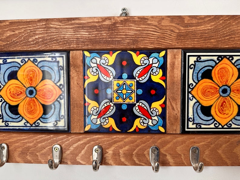 Wall Key Holder & 6 Keys Hooks, Rustic Storage Shelf Hook, Entryway Decor, Hall Tidy, Mail Organizer, Hanging Tiled Key Rack, Christmas Gift
