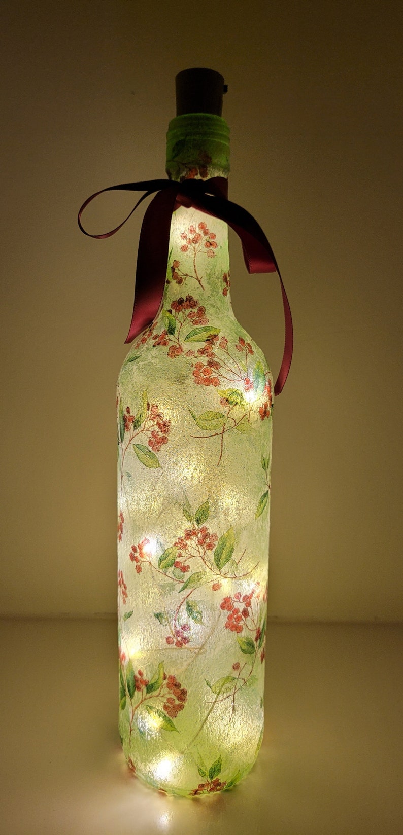 Berry Leaf Bottle Lamp | Decoupage LED Lighting | Nature Inspired Home Decor