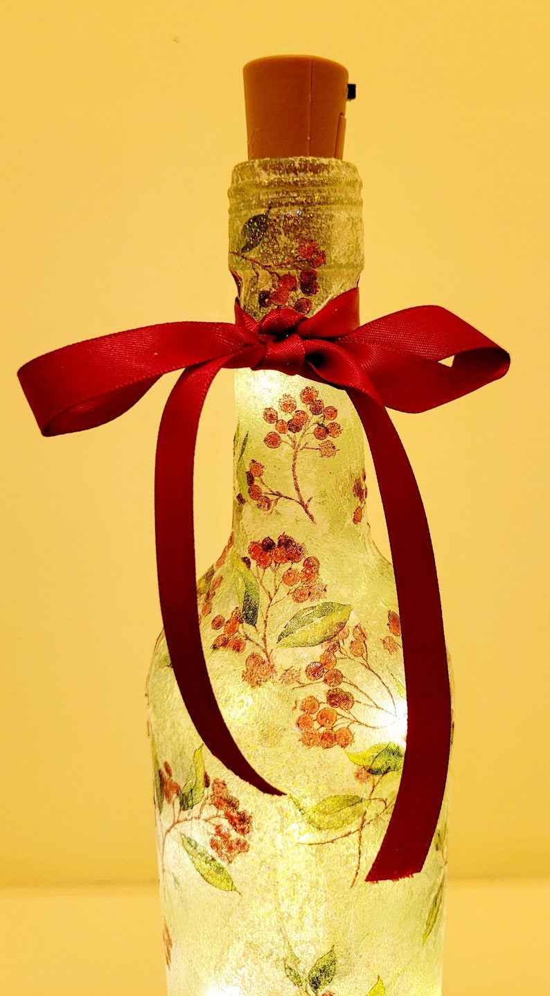 Berry Leaf Bottle Lamp | Decoupage LED Lighting | Nature Inspired Home Decor