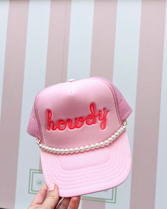Howdy Embroidered Trucker Hat with Pearl Chain - Custom Colors