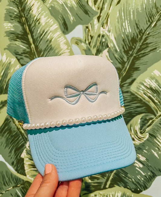 Embroidered Bow Trucker Hat with Pearl Chain – Coquette Y2K