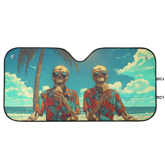 Funny Skeletons Car Auto Sun Shade, Tropical Beach Skull Windshield Sunshade, Summer Lovers Car Gift, Car Accessories, Front Window Cover