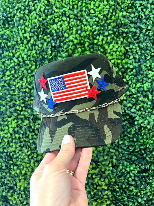 Camo Trucker Hat: American Made Patch, Pearl Chain - Patriotic USA