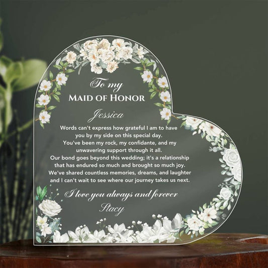 Personalized Maid of Honor Gift, Gift for Matron of Honor, Thank you Gift from Bride, Maid of Honor Acrylic Plaque, Custom Wedding Gift MOH