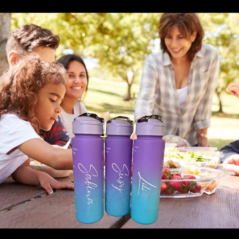 Personalised Motivational Water Bottle with Pop Up Straw and Time Markings, Leak Proof, BPA free
