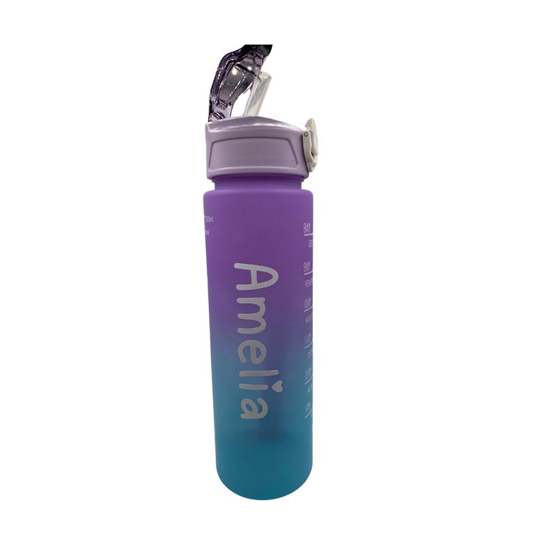 Personalised Motivational Water Bottle with Pop Up Straw and Time Markings, Leak Proof, BPA free