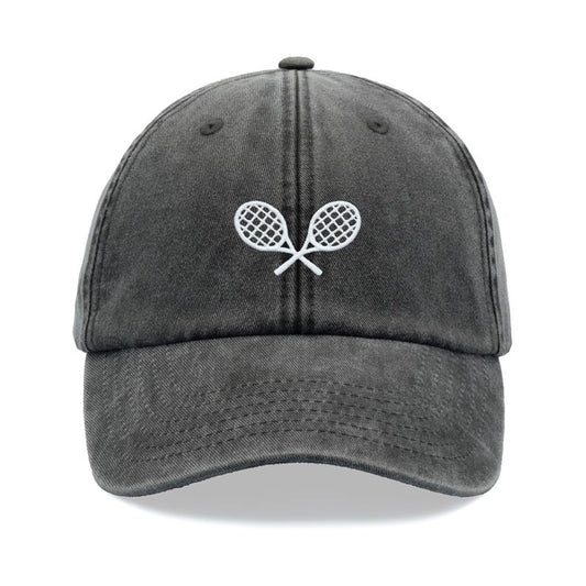 Tennis Racquets Crossed Baseball Cap Vintage Washed Cotton Unisex Dad Hat Adjustable Faded Sports Sun Summer Holiday Festival Grandad Ball