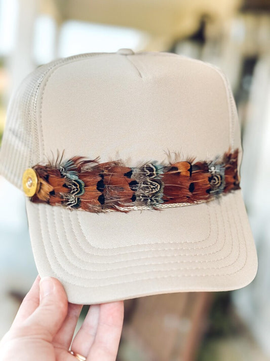 Trucker Hat With 12 Gauge Shell Accent and Natural Feathers - Custom Colors