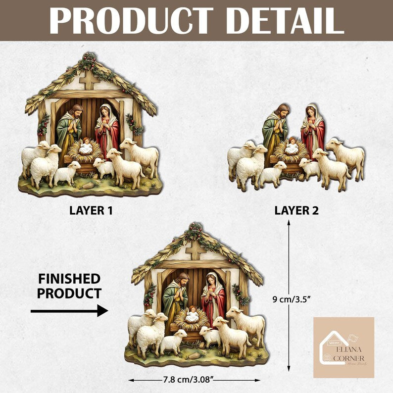 Nativity Scene Wooden 2-layer Ornament, Christian Ornament, Nativity Jesus Christ Decoration, Religious Christmas Home Decor