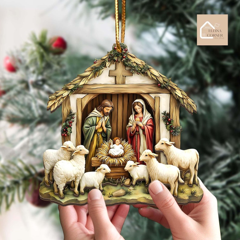 Nativity Scene Wooden 2-layer Ornament, Christian Ornament, Nativity Jesus Christ Decoration, Religious Christmas Home Decor