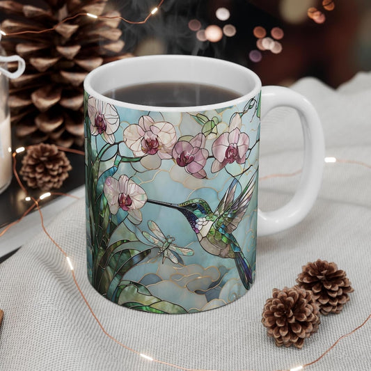 Stained Glass Orchid Hummingbird Coffee Mug - Floral Art