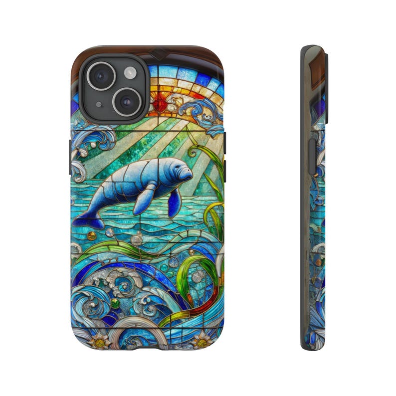 Stained Glass Manatee iPhone Cover, Ocean Lover Case, Fishing Aesthetics, Beach Lover Gift, Tough Cases for iPhone 16 Pro, boho phone case