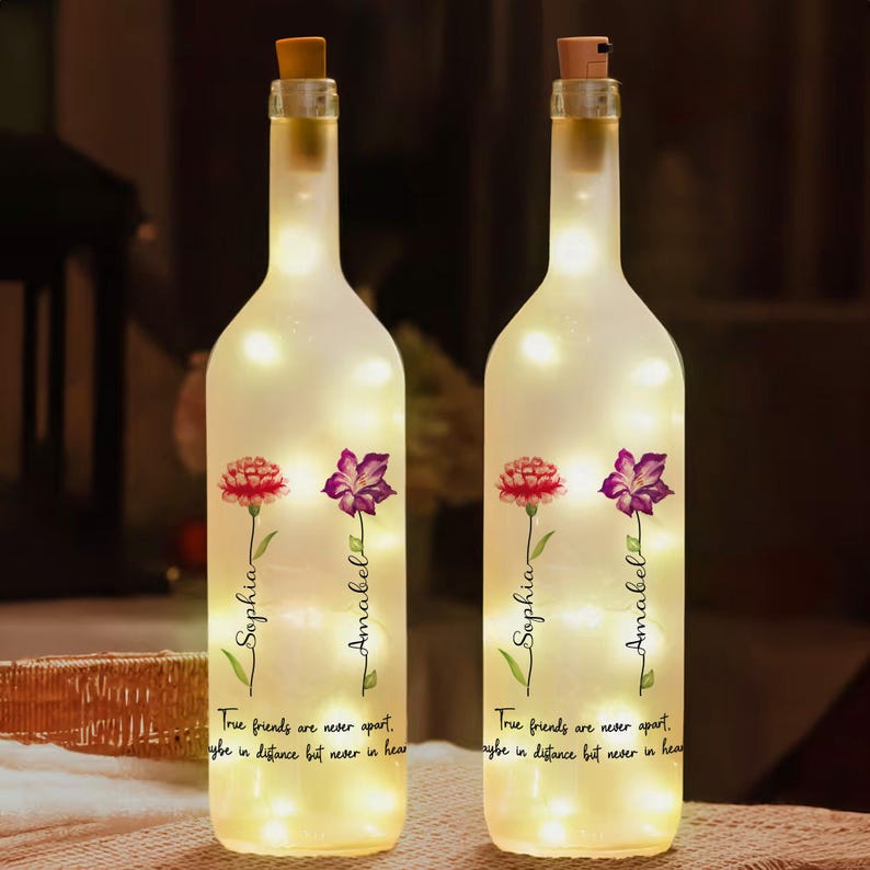 Best Friend Gifts, Personalized Friends Bottle Lamp, Birthday Gifts For Friend, Friendship Gifts For Women, Custom Birth Month Flowers Lamp