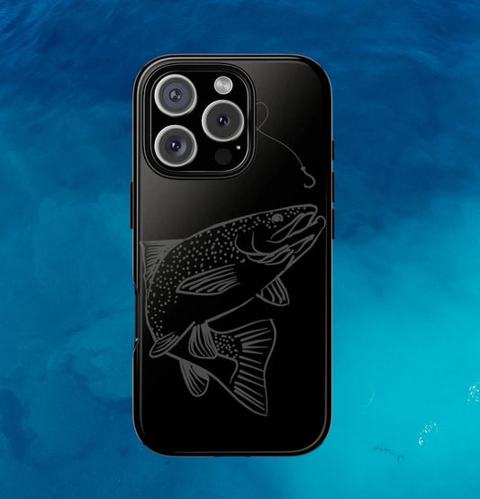 Fishing Phone Case for Anglers – Trout Line Art iPhone Case, Matte Black Fisherman Gift, Durable Coastal Fishing Accessory