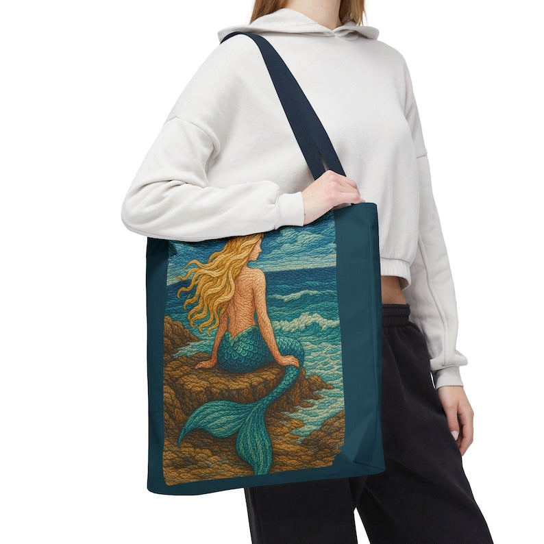 Boho Mermaid Embroidery Tote Bag, Beach Vacation Bag, Quilted Mermaid Core Print, Beach Bag for Mermaid Lovers, Vacation Gift, mermaidcore