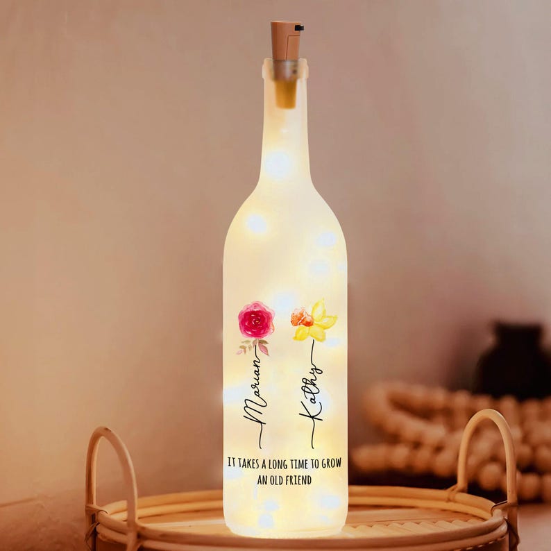 Best Friends Lighted Wine Bottle Lamp, Gift For Bestie, Sisters, Friendship, Bff Gifts, Custom Birth Month Flowers Night Light