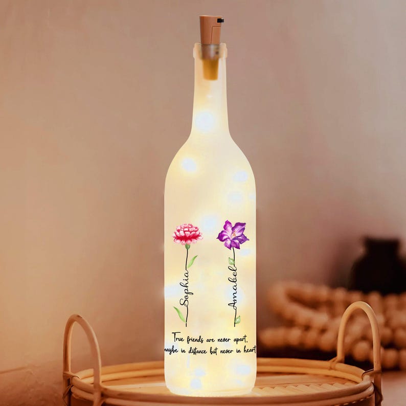 Best Friend Gifts, Personalized Friends Bottle Lamp, Birthday Gifts For Friend, Friendship Gifts For Women, Custom Birth Month Flowers Lamp