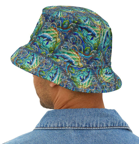 Boho Manatee Bucket Hat, Coastal Vibes Vacation Beach Sun Hat, Stain Glass Style Gift for Marine Lover, Fun Tropical Hat, Manatee lover hat
