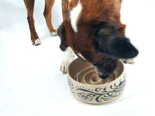 Tattooed Ceramic Dog Bowl, Wheel Thrown Slow Feeder, Emma Harrison Collaboration