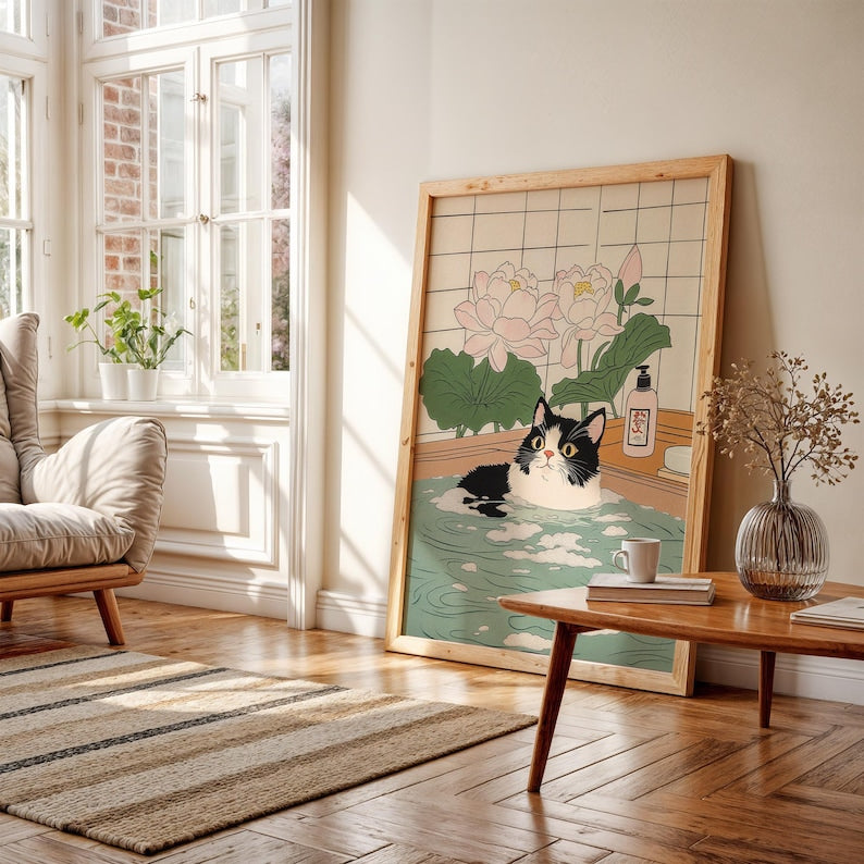Cute Tuxedo cat in bathtub Japanese bathroom decor, Japan art print, Aesthetic wall art, Lotus Flowers poster, Unique Cat Lover Gift PS0712