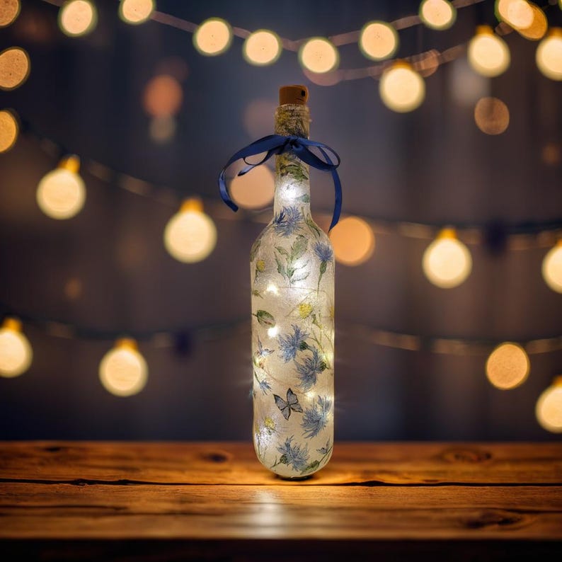 Blue Flower & Butterfly Bottle Lamp | Decoupage Rustic Light | LED Floral home decor