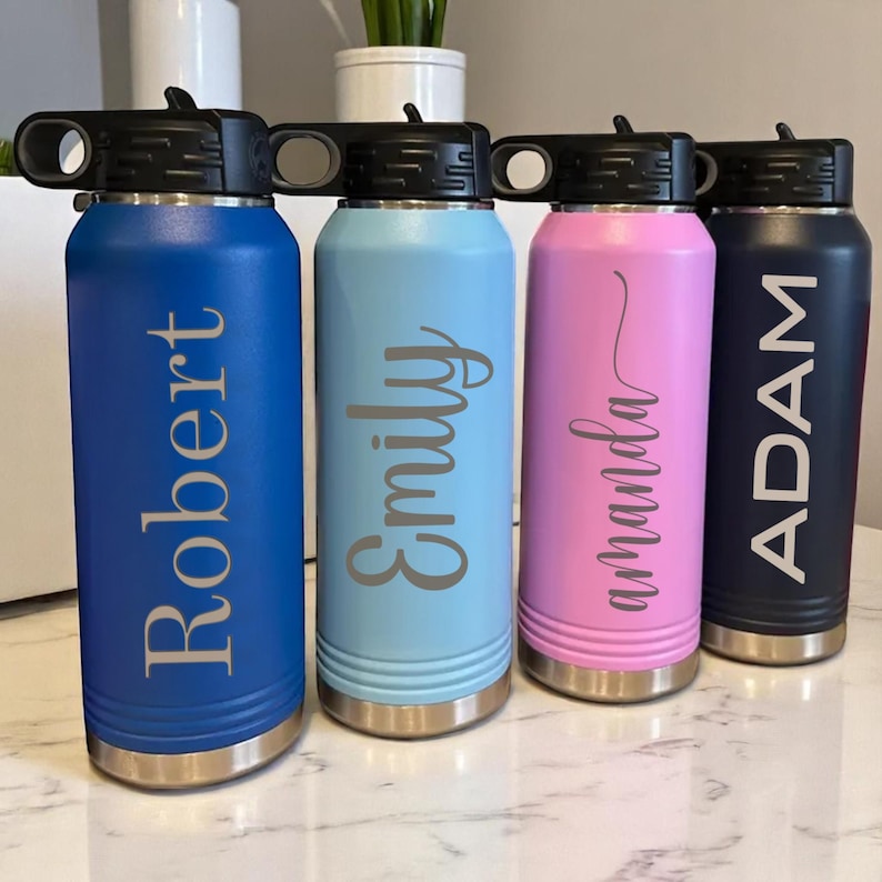 Personalized Laser Engraved Water Bottle, Stainless Steel Insulated Name Tumbler, Custom Reusable Travel Cup