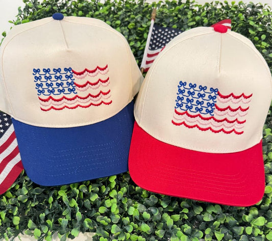 Bows and Scallop American Flag Hat - Embroidered USA Canvas Hat
